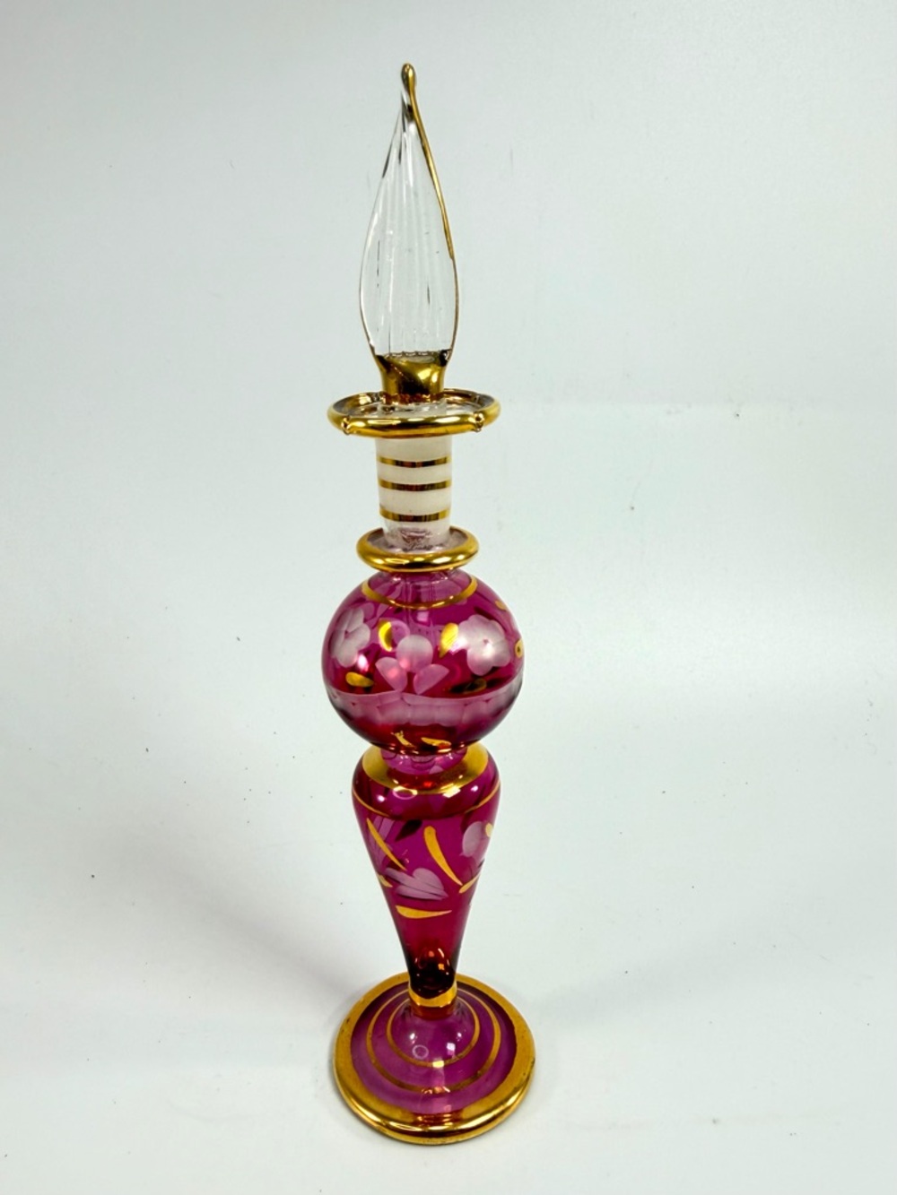 Egyptian Burgundy Gold Etched Glass Perfume Bottle Hand Blown Gold Trim Stopper